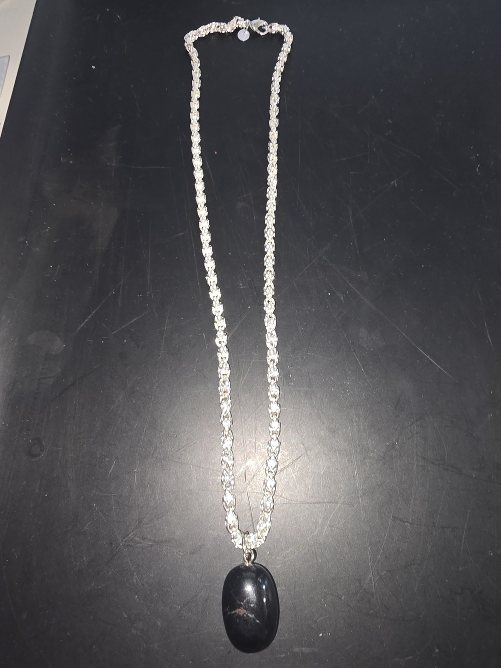 Men's Silver Rope Chain Necklace with Black Stone Pendant